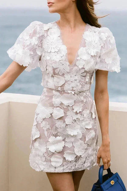 3D Floral Appliqué Mini Dress with Puff Sleeves