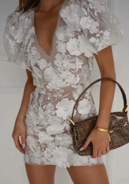 3D Floral Appliqué Mini Dress with Puff Sleeves