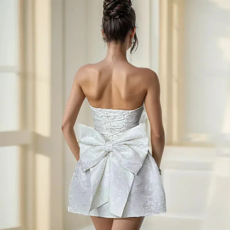Strapless Jacquard Mini Dress with Bow Back Detail