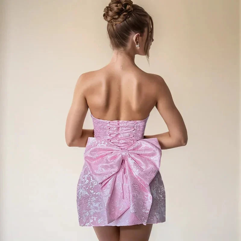 Strapless Jacquard Mini Dress with Bow Back Detail