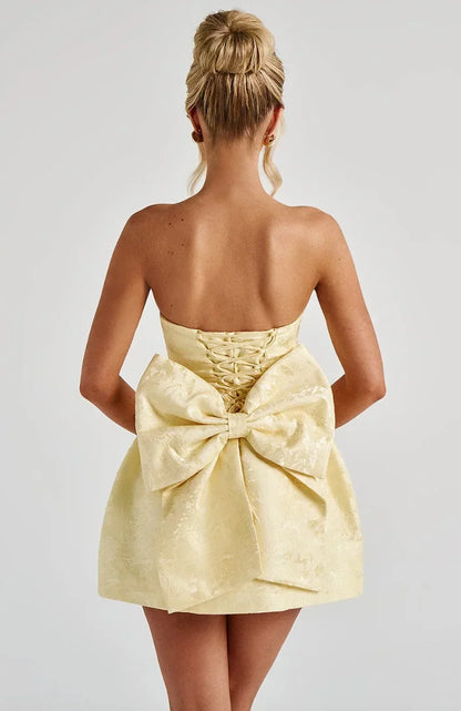 Strapless Jacquard Mini Dress with Bow Back Detail