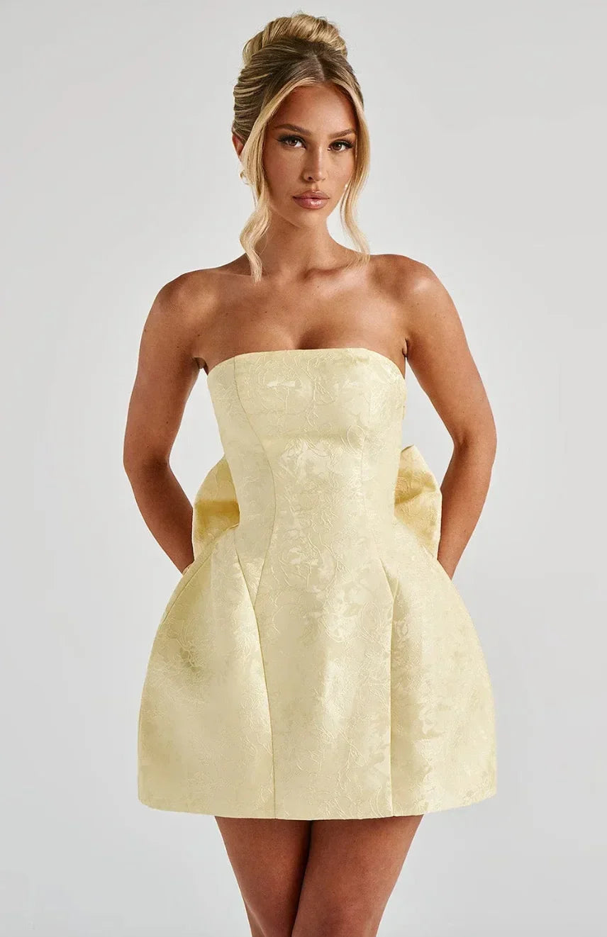 Strapless Jacquard Mini Dress with Bow Back Detail