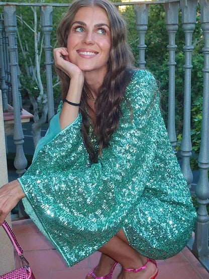 Sequin Mini Dress Deep V-Neck Flared Sleeves Party