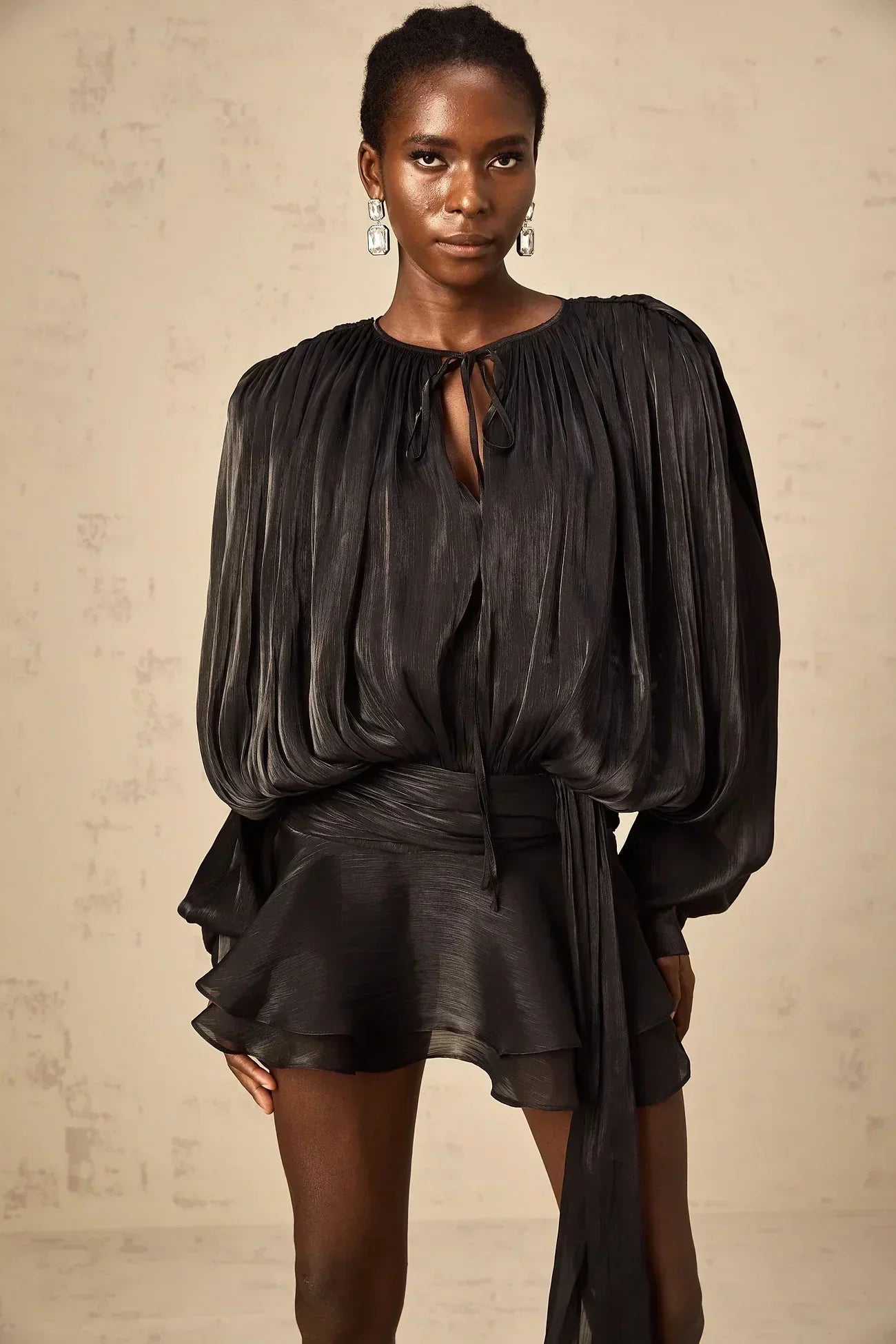 Draped Balloon Sleeve Mini Dress with Ruffle Hem