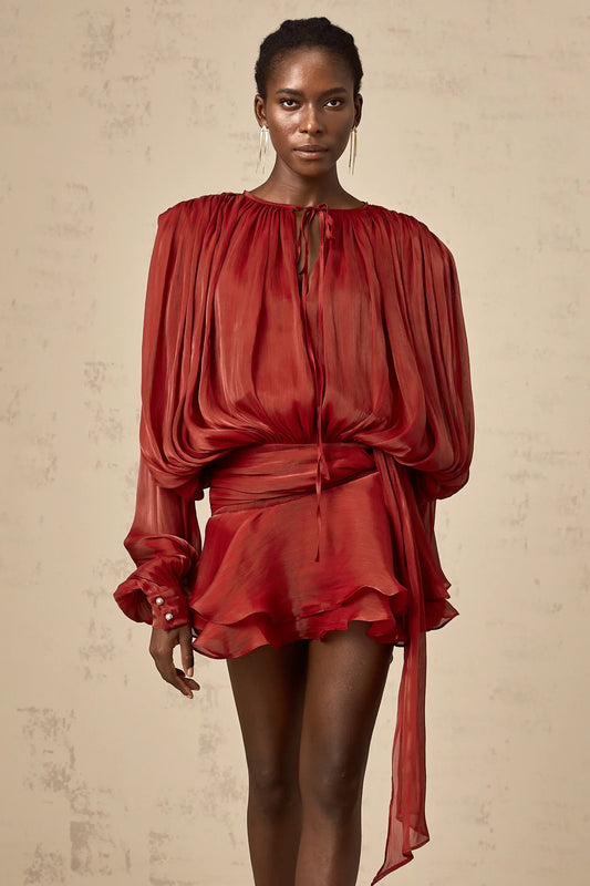 Draped Balloon Sleeve Mini Dress with Ruffle Hem