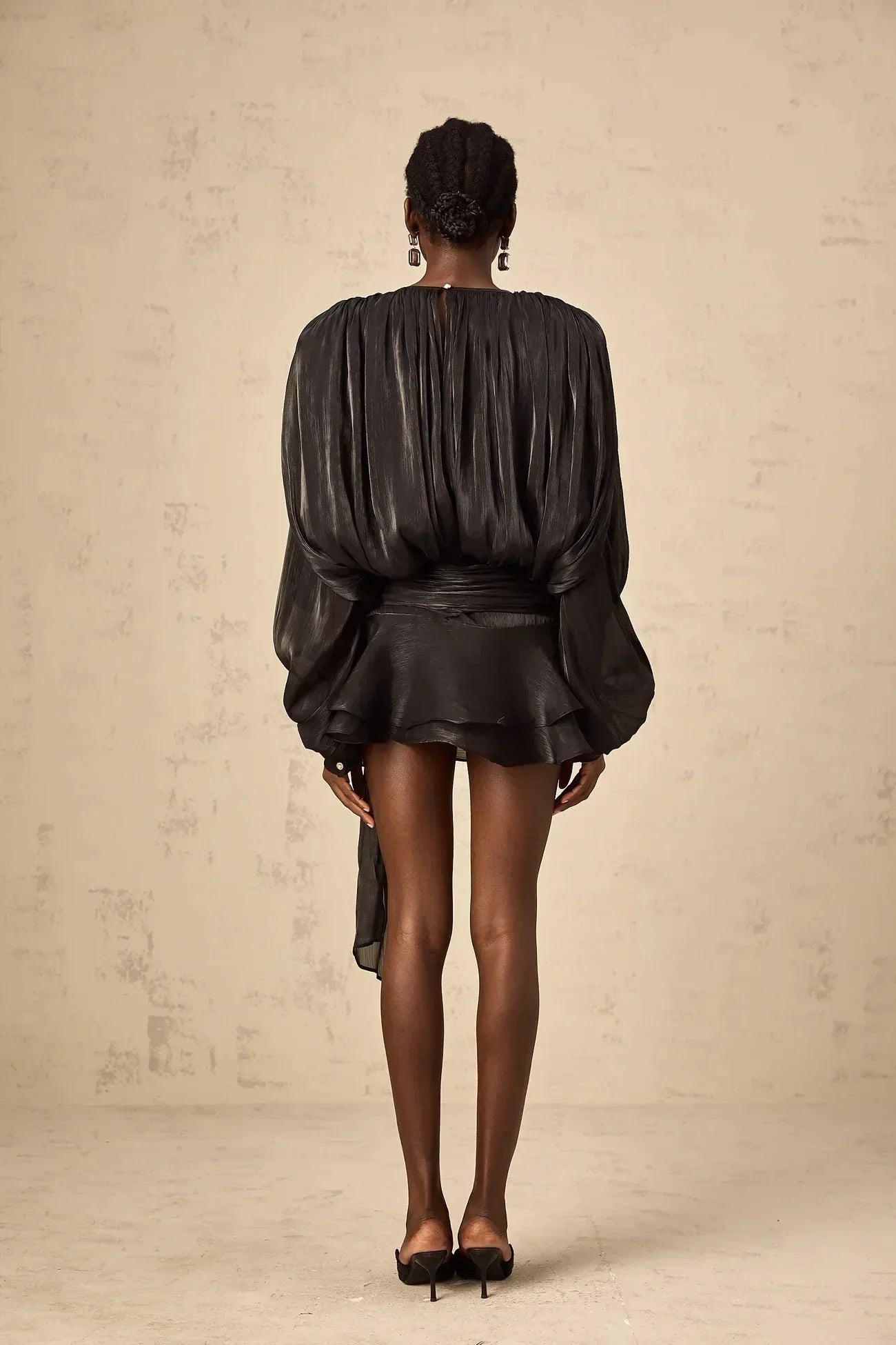 Draped Balloon Sleeve Mini Dress with Ruffle Hem