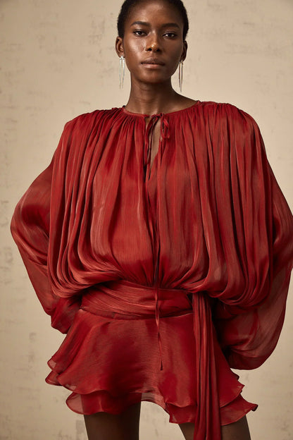 Draped Balloon Sleeve Mini Dress with Ruffle Hem