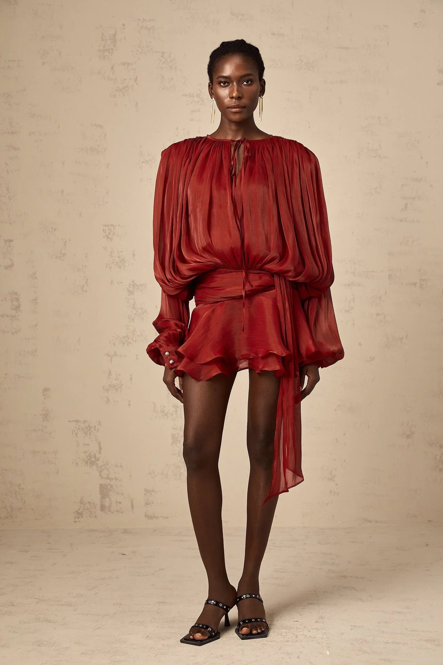 Draped Balloon Sleeve Mini Dress with Ruffle Hem