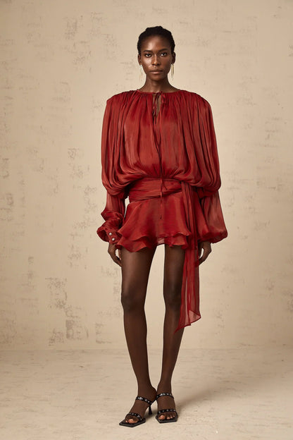 Draped Balloon Sleeve Mini Dress with Ruffle Hem