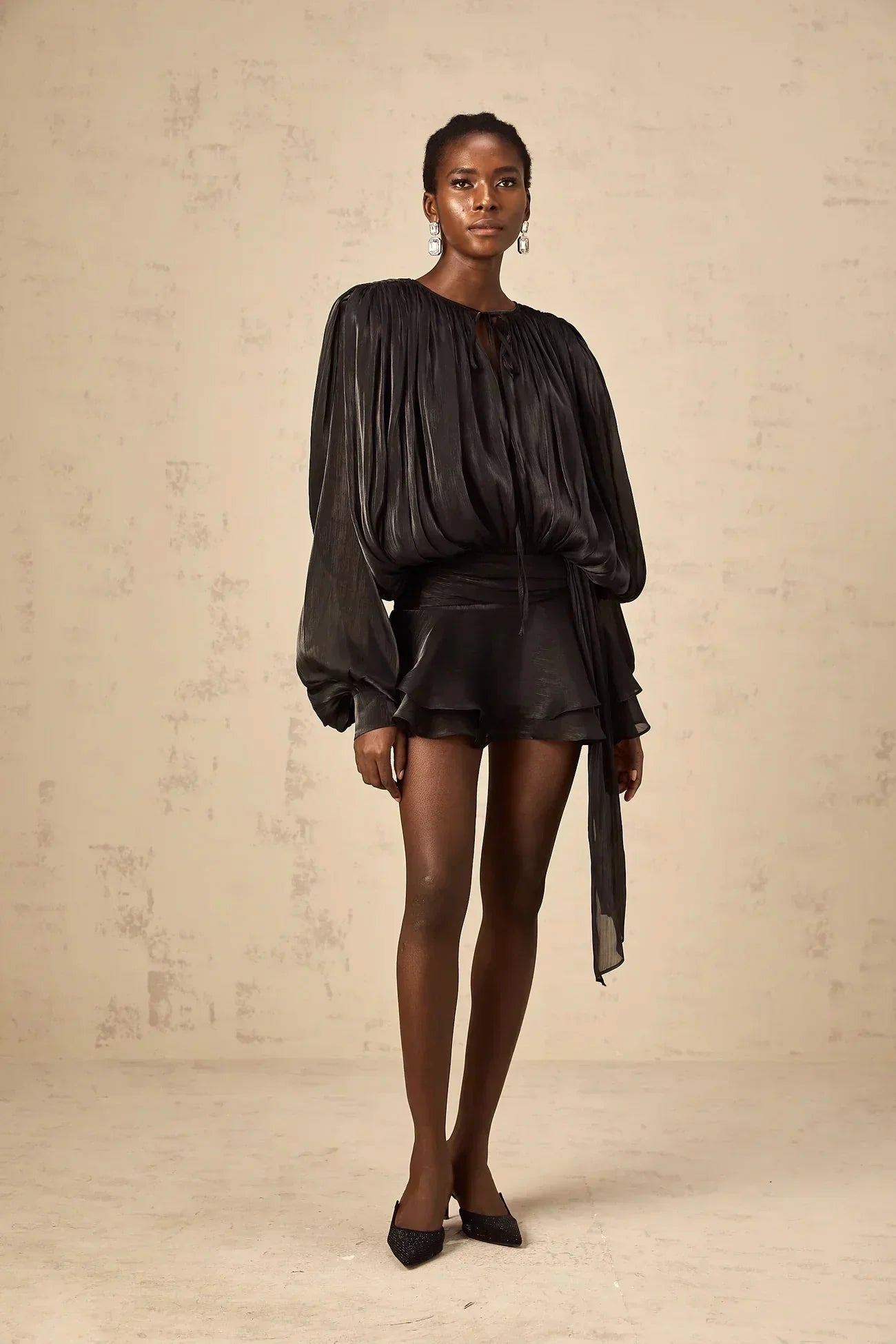 Draped Balloon Sleeve Mini Dress with Ruffle Hem
