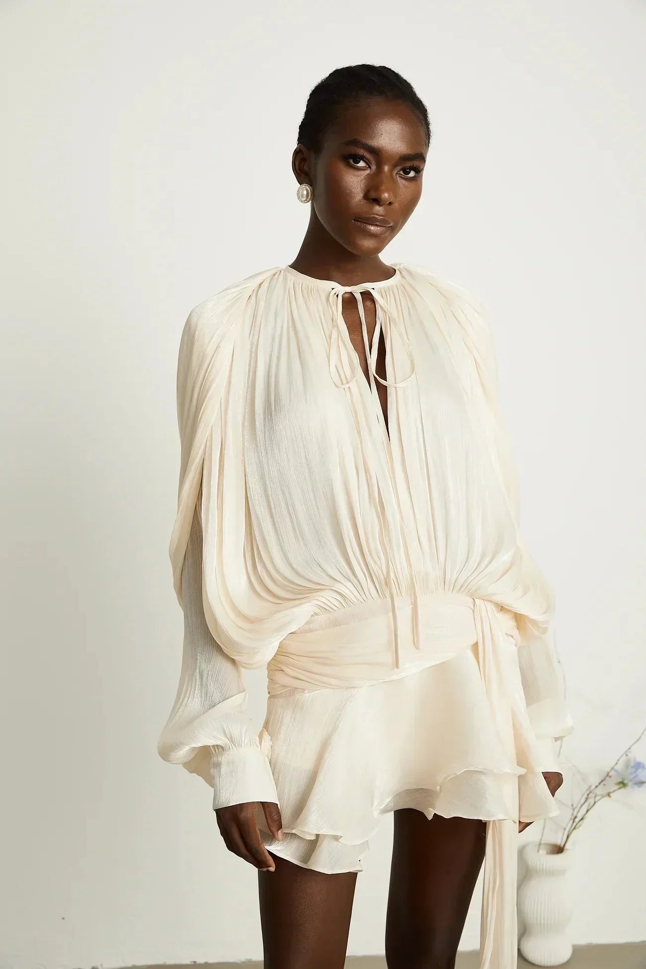 Draped Balloon Sleeve Mini Dress with Ruffle Hem