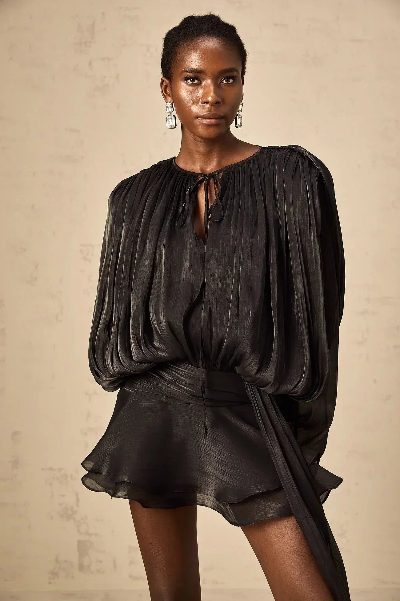 Draped Balloon Sleeve Mini Dress with Ruffle Hem