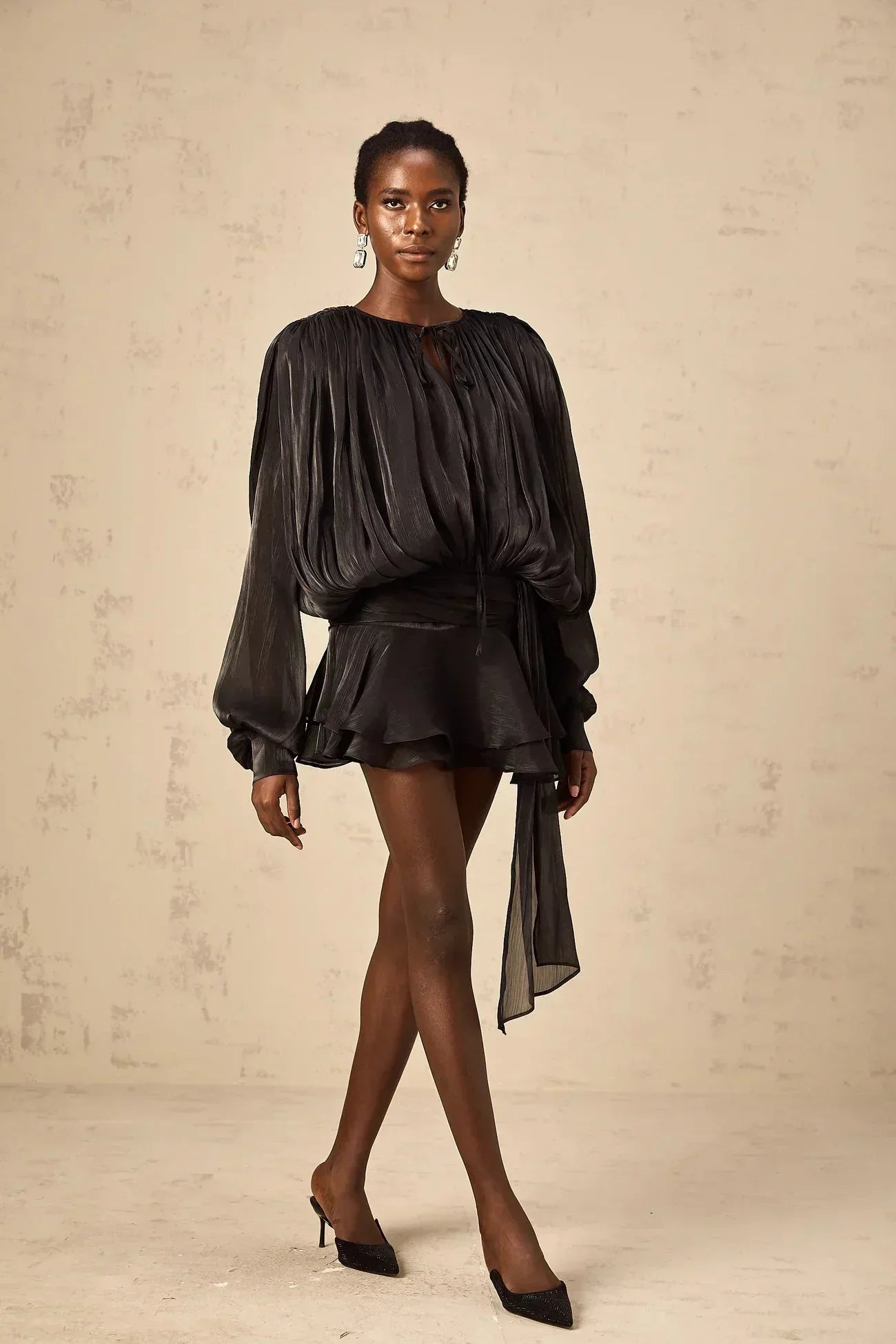 Draped Balloon Sleeve Mini Dress with Ruffle Hem