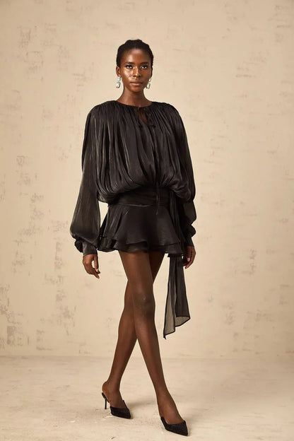 Draped Balloon Sleeve Mini Dress with Ruffle Hem