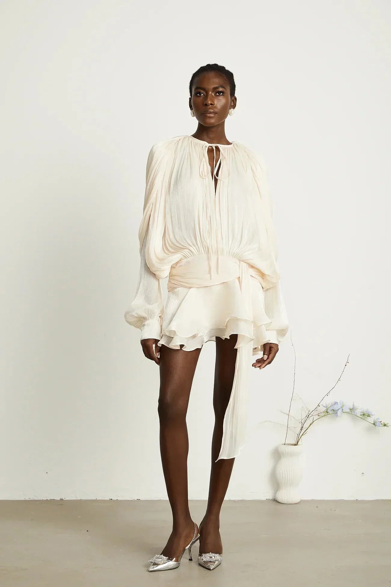 Draped Balloon Sleeve Mini Dress with Ruffle Hem