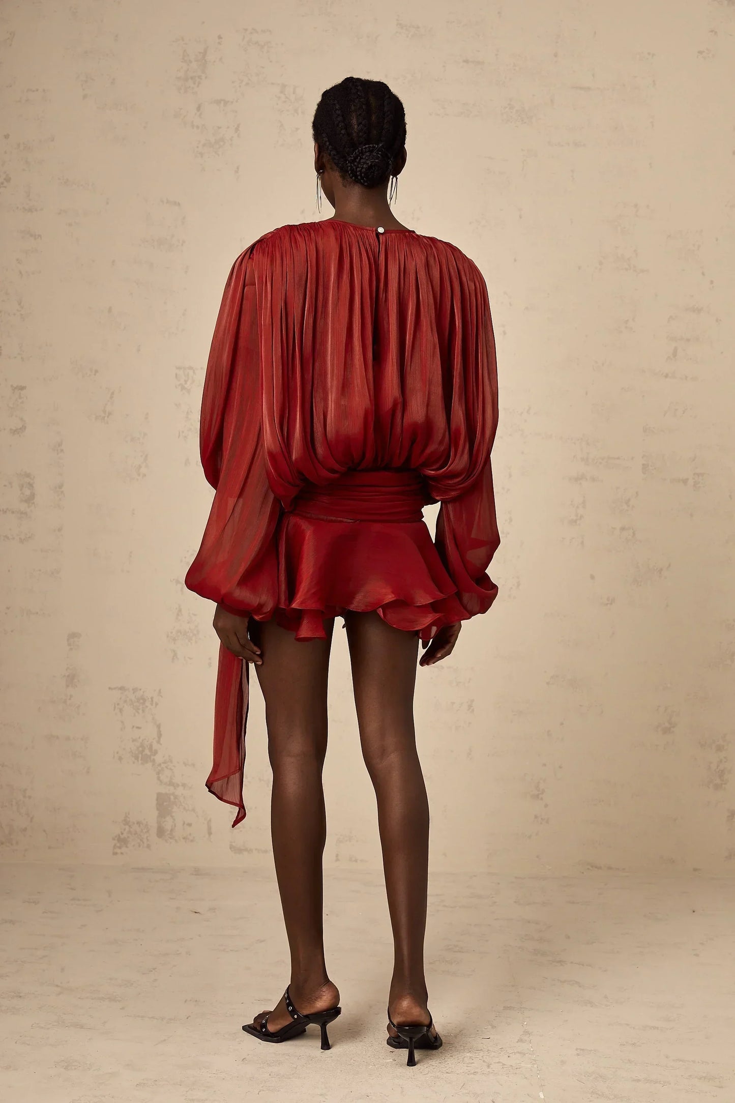 Draped Balloon Sleeve Mini Dress with Ruffle Hem