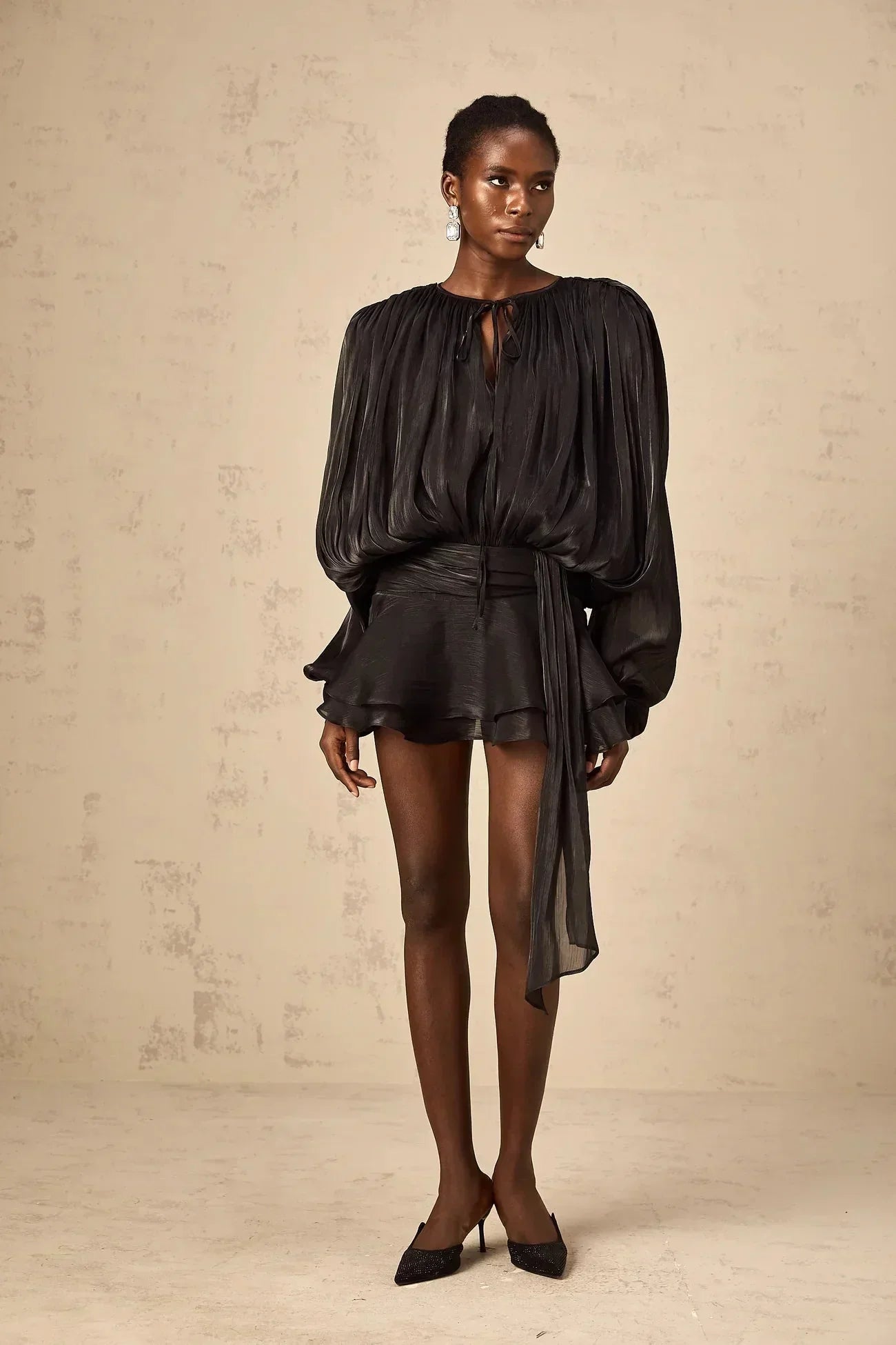 Draped Balloon Sleeve Mini Dress with Ruffle Hem