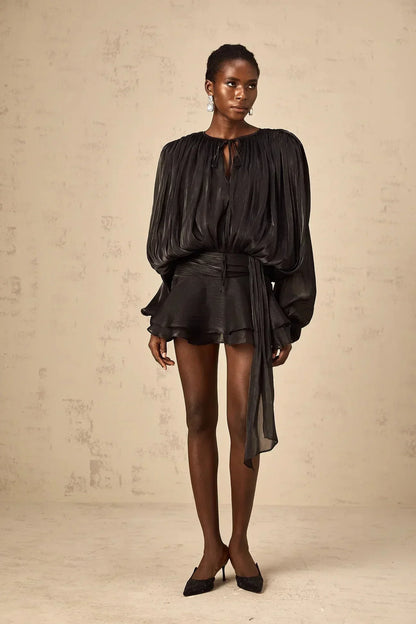 Draped Balloon Sleeve Mini Dress with Ruffle Hem