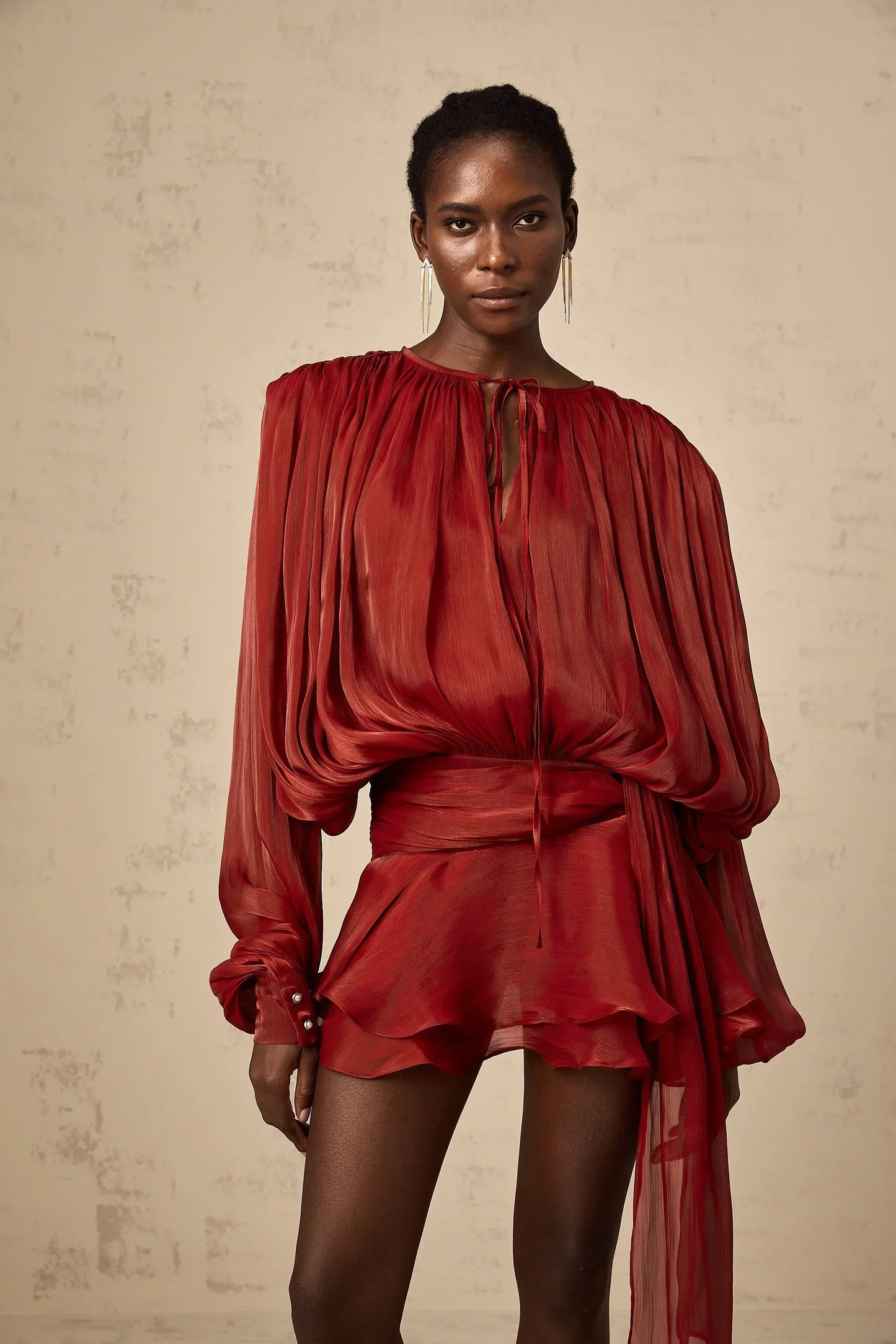 Draped Balloon Sleeve Mini Dress with Ruffle Hem