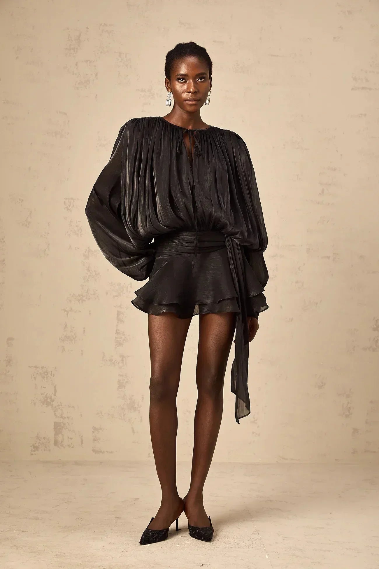 Draped Balloon Sleeve Mini Dress with Ruffle Hem