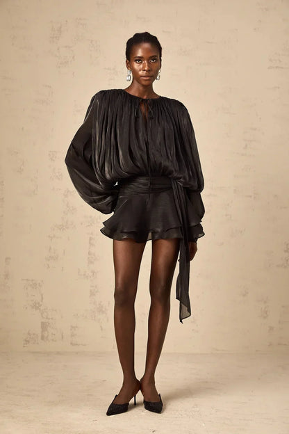 Draped Balloon Sleeve Mini Dress with Ruffle Hem
