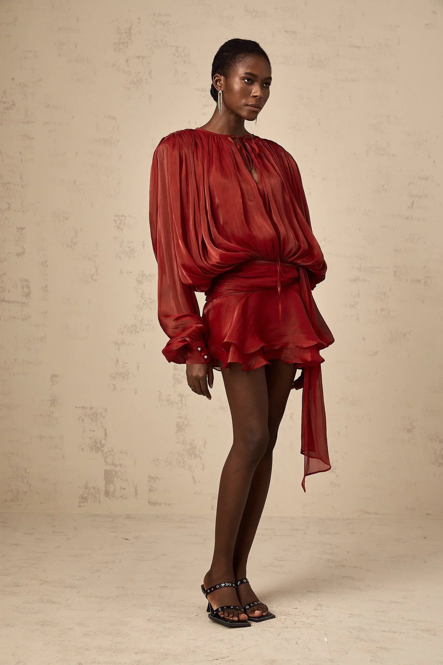 Draped Balloon Sleeve Mini Dress with Ruffle Hem