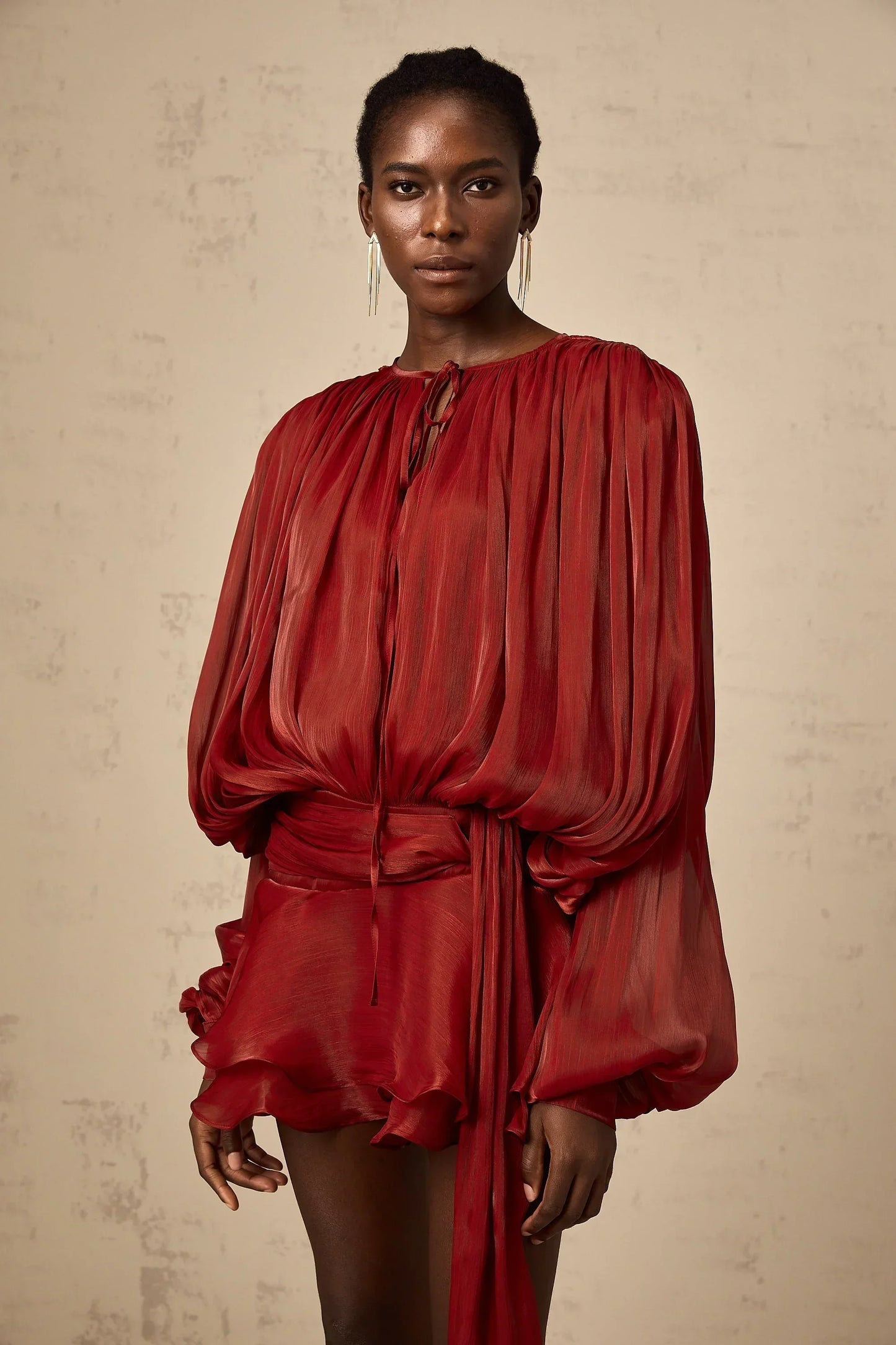 Draped Balloon Sleeve Mini Dress with Ruffle Hem