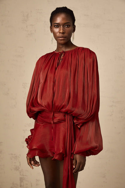 Draped Balloon Sleeve Mini Dress with Ruffle Hem