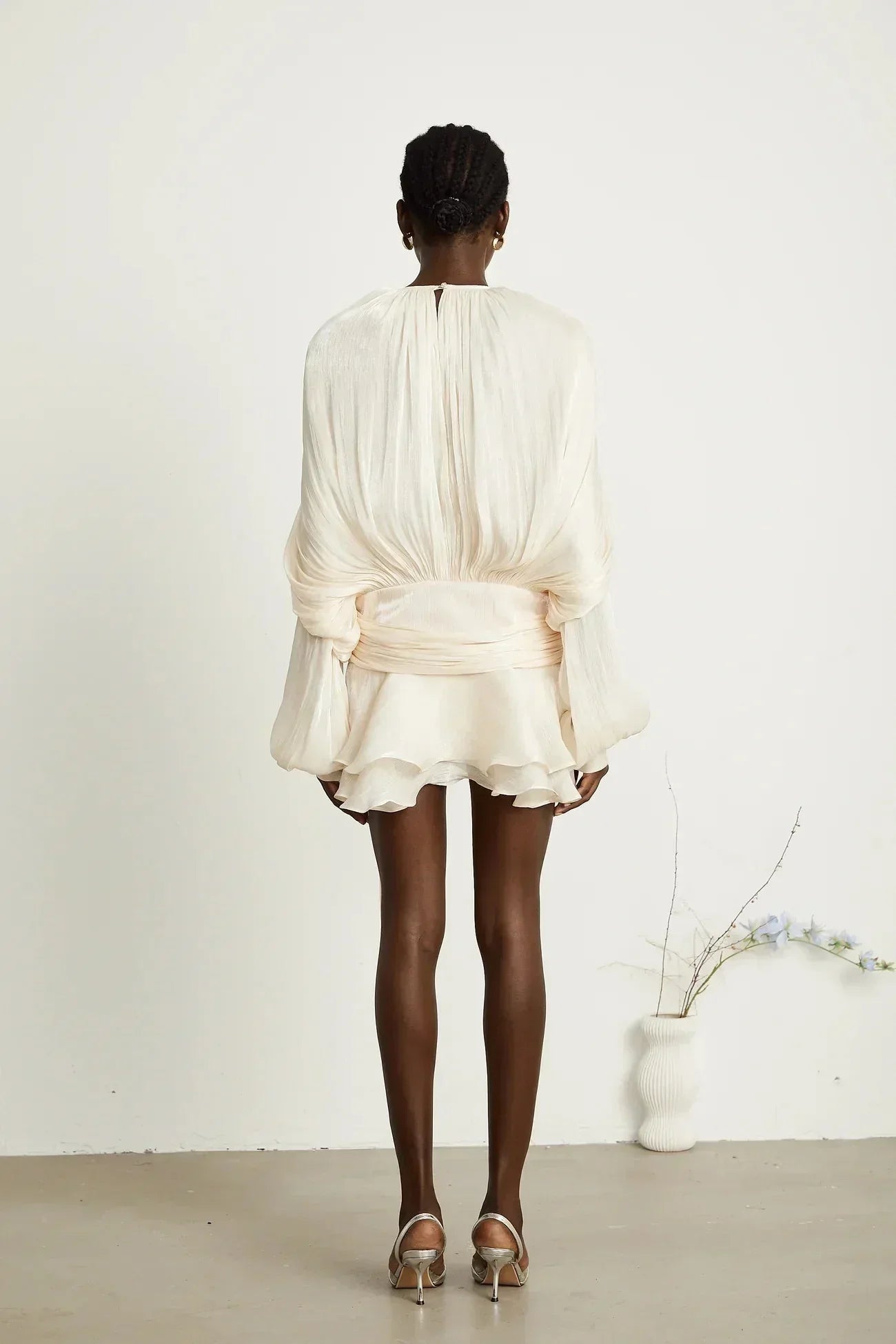 Draped Balloon Sleeve Mini Dress with Ruffle Hem