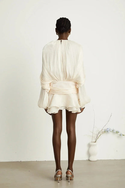 Draped Balloon Sleeve Mini Dress with Ruffle Hem