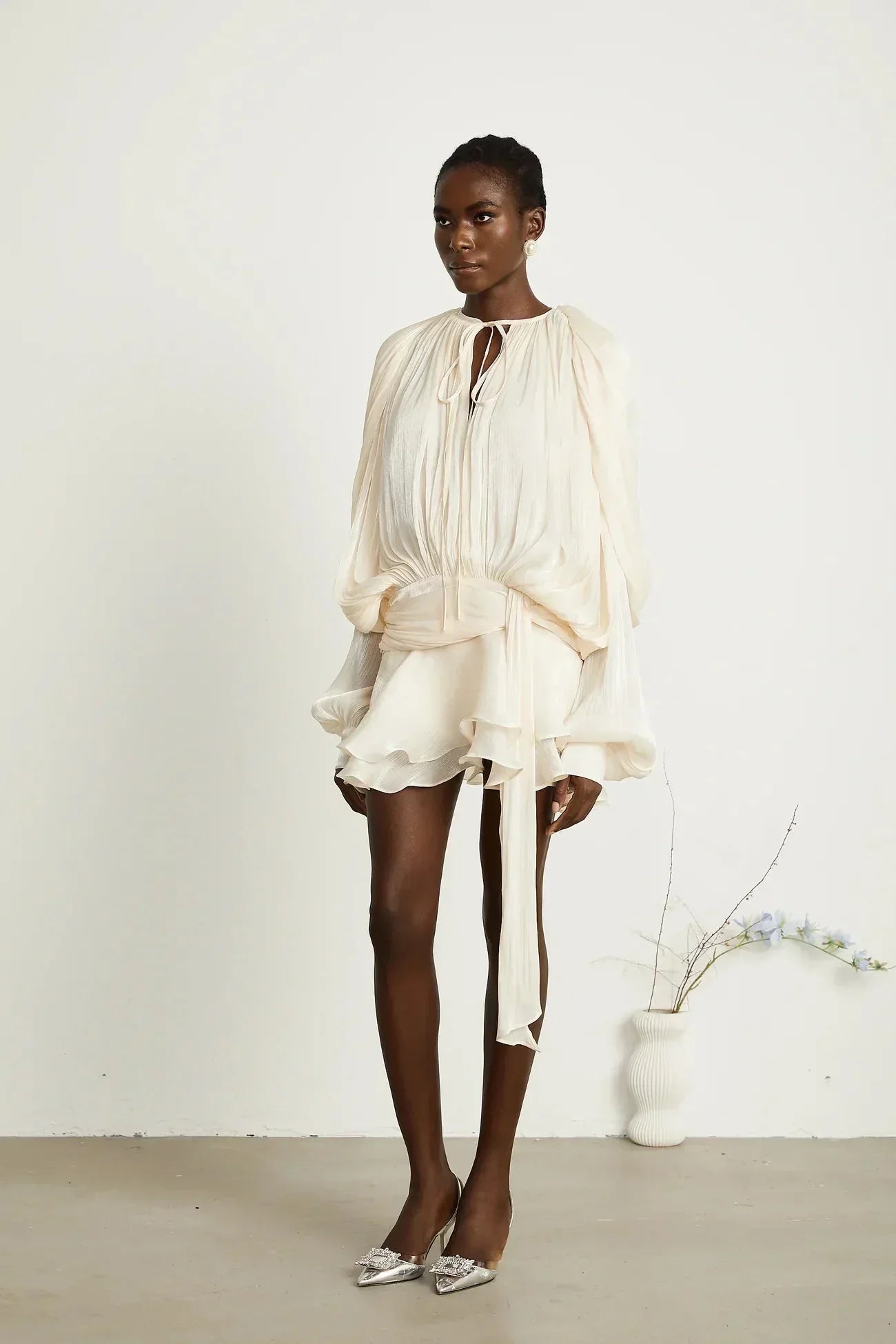 Draped Balloon Sleeve Mini Dress with Ruffle Hem