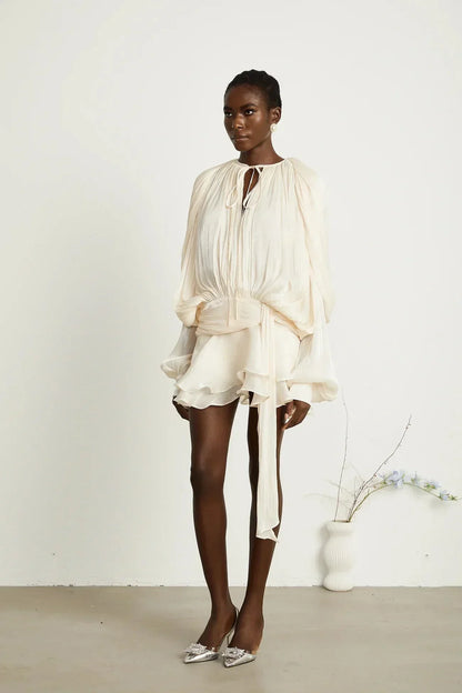 Draped Balloon Sleeve Mini Dress with Ruffle Hem