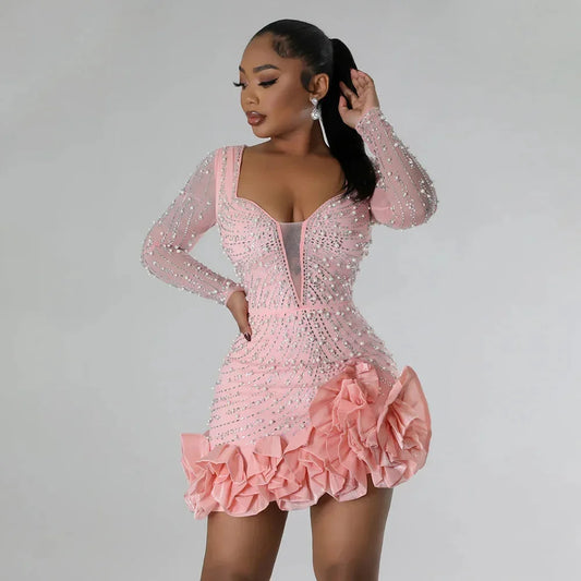 Women’s Embellished Deep V-Neck Mini Party Dress with Ruffle Hem