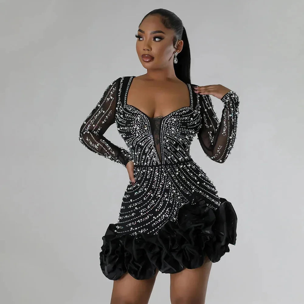 Women’s Embellished Deep V-Neck Mini Party Dress with Ruffle Hem