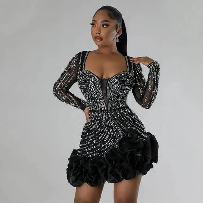 Women’s Embellished Deep V-Neck Mini Party Dress with Ruffle Hem