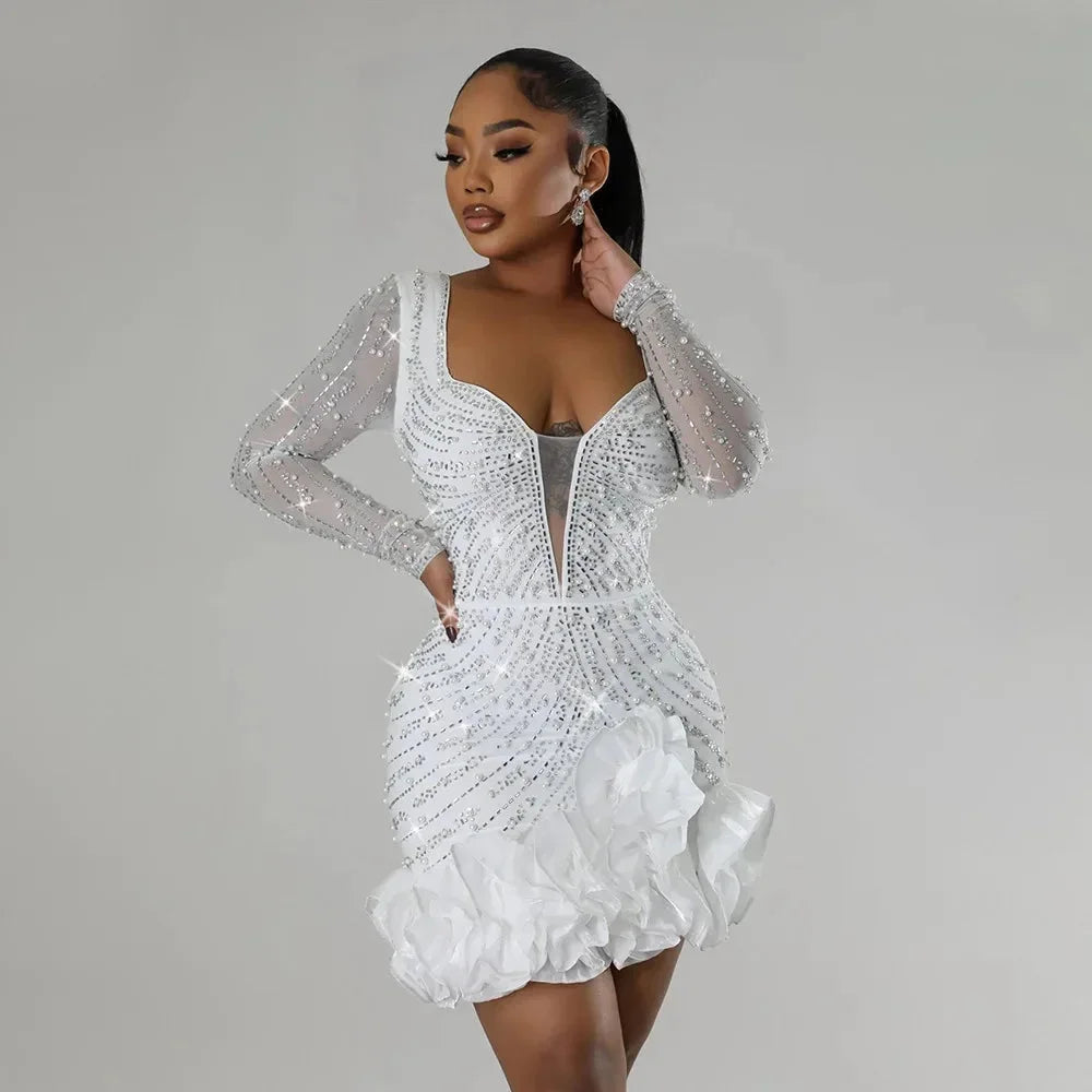 Women’s Embellished Deep V-Neck Mini Party Dress with Ruffle Hem