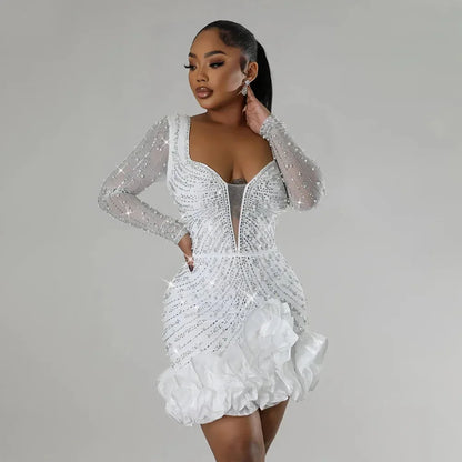 Women’s Embellished Deep V-Neck Mini Party Dress with Ruffle Hem