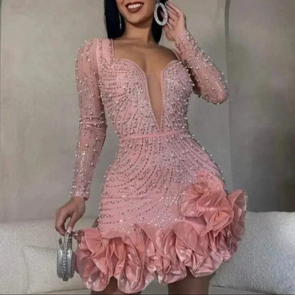 Women’s Embellished Deep V-Neck Mini Party Dress with Ruffle Hem