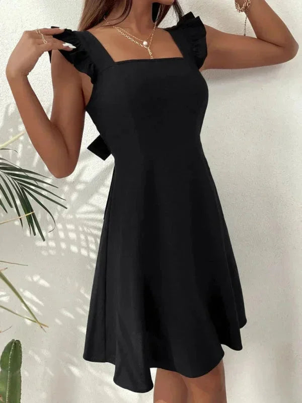 Ruffle Strap Square Neck A-Line Mini Dress with Bow Back Detail