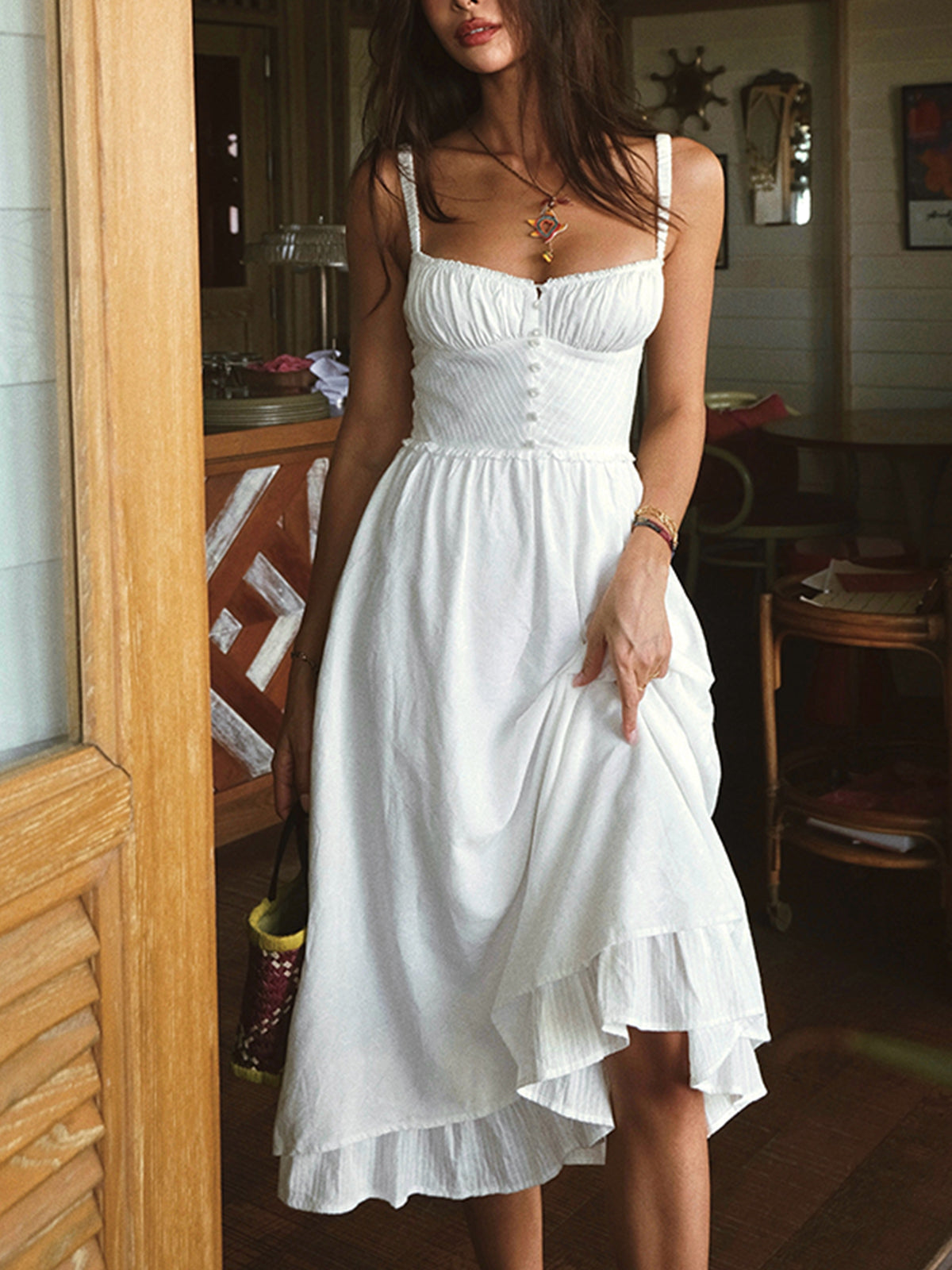Ruffle Hem Cotton Midi Dress for Women, Sleeveless