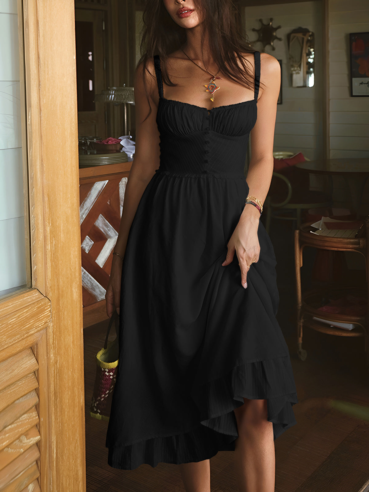Ruffle Hem Cotton Midi Dress for Women, Sleeveless