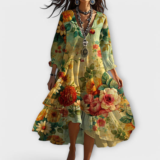 Women's Romantic Floral Boho V-Neck Midi Dress