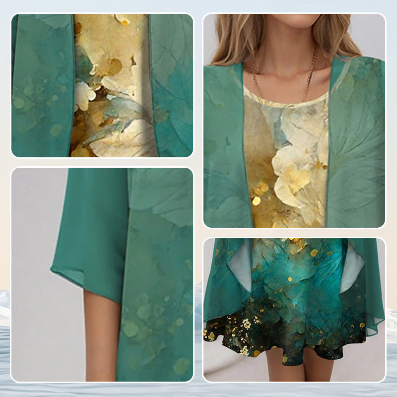 Women's Floral Midi Dress And Cardigan Set