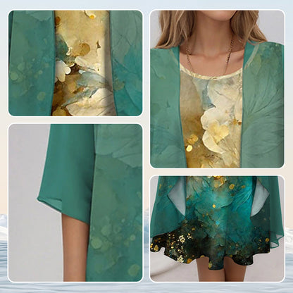 Women's Floral Midi Dress And Cardigan Set