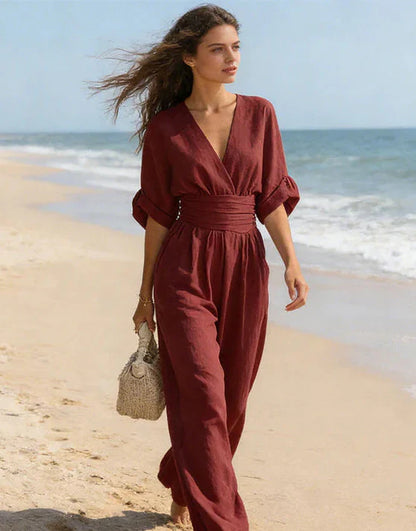Women’s Elegant Wide-Leg Jumpsuit with Wrap Front Design