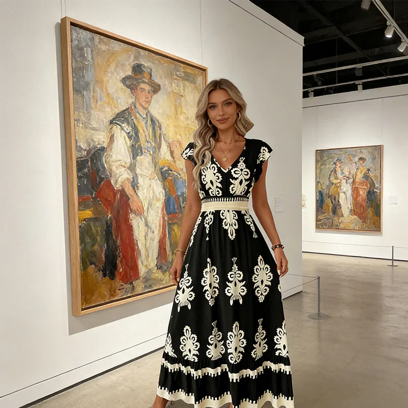 Women’s Embroidered Maxi Dress with Cap Sleeves and Defined Waist