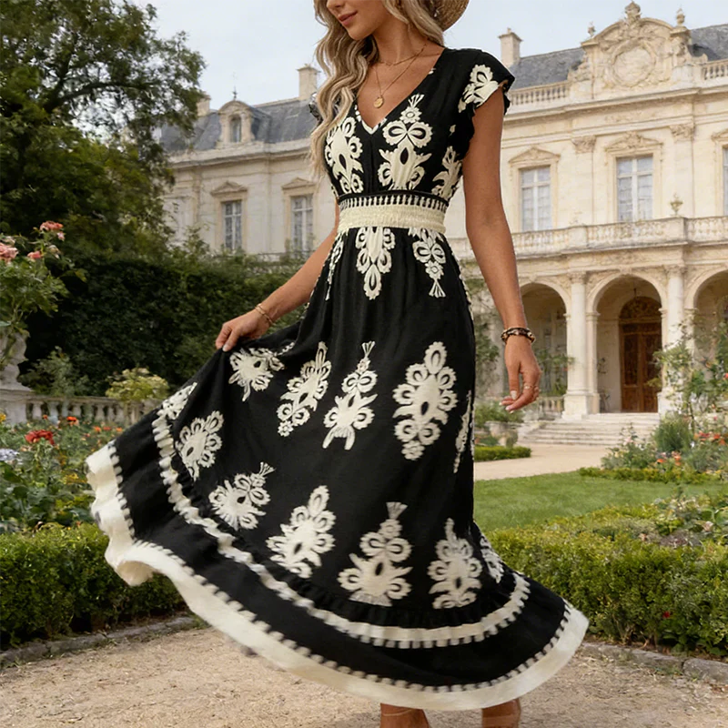 Women’s Embroidered Maxi Dress with Cap Sleeves and Defined Waist