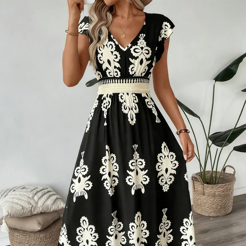 Women’s Embroidered Maxi Dress with Cap Sleeves and Defined Waist