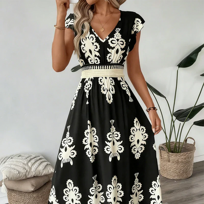 Women’s Embroidered Maxi Dress with Cap Sleeves and Defined Waist