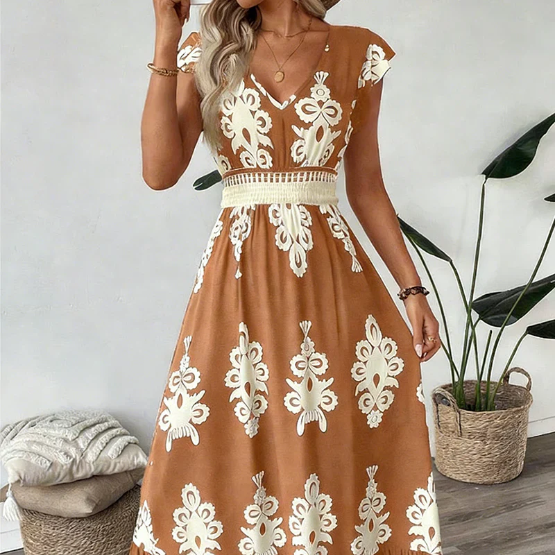 Women’s Embroidered Maxi Dress with Cap Sleeves and Defined Waist